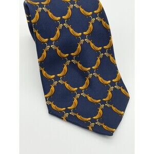 Vintage Lanvin Paris 100% Silk Blue Gold Bird Banana Print Men’s Tie Luxury